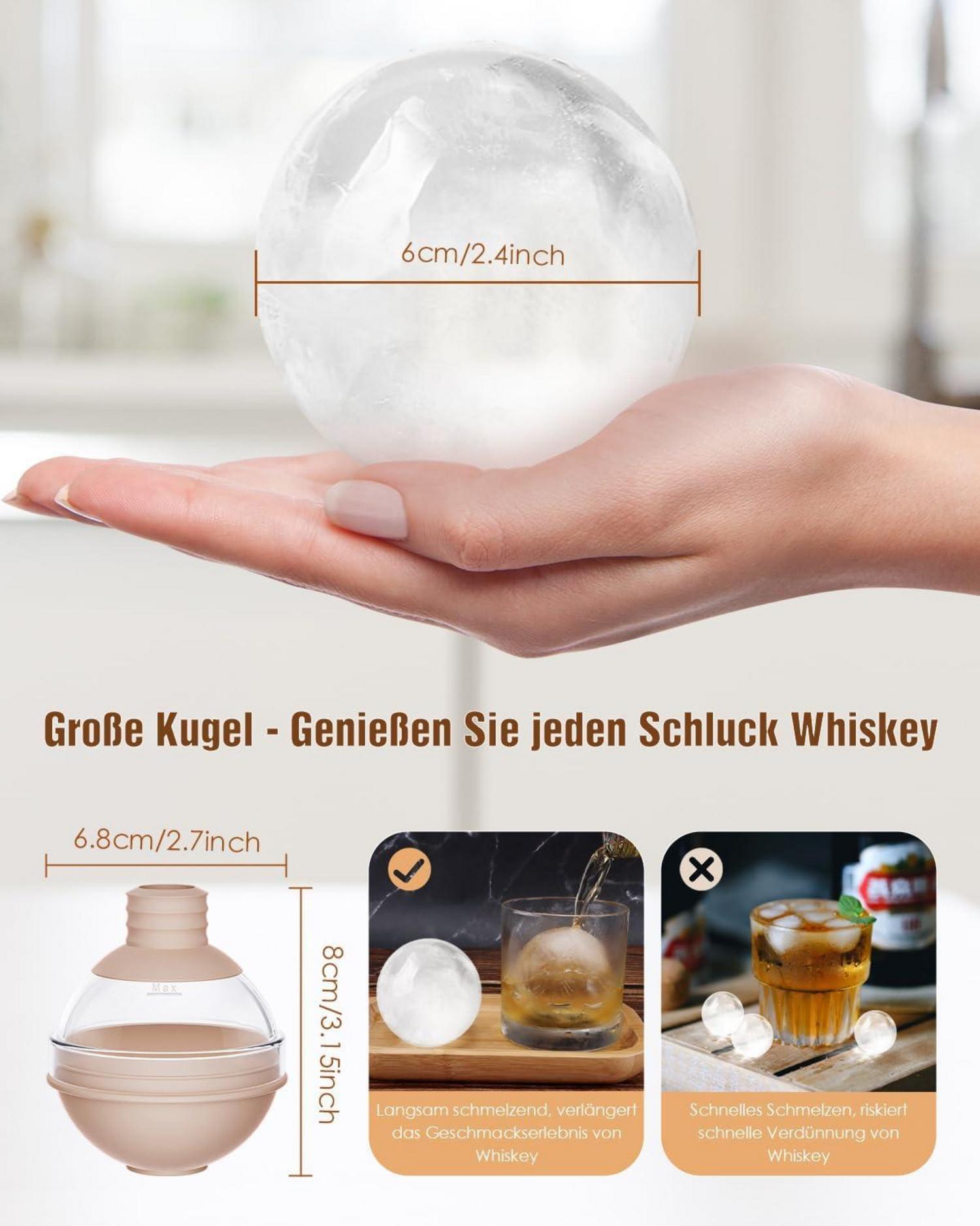 Große runde Eiswürfelform mit Trichterdeckel - 6 cm Silikon Eisbehälter (4er