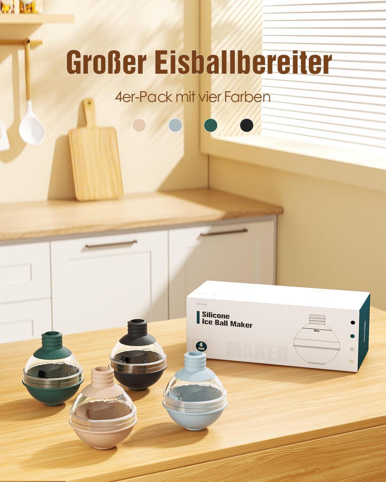 Große runde Eiswürfelform mit Trichterdeckel - 6 cm Silikon Eisbehälter (4er