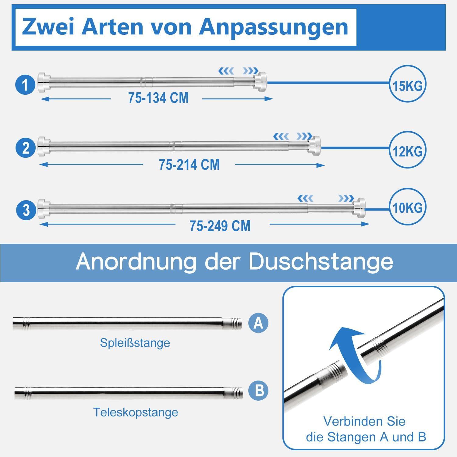 Teleskopstange Silber 75-249cm Edelstahl Duschvorhangstange