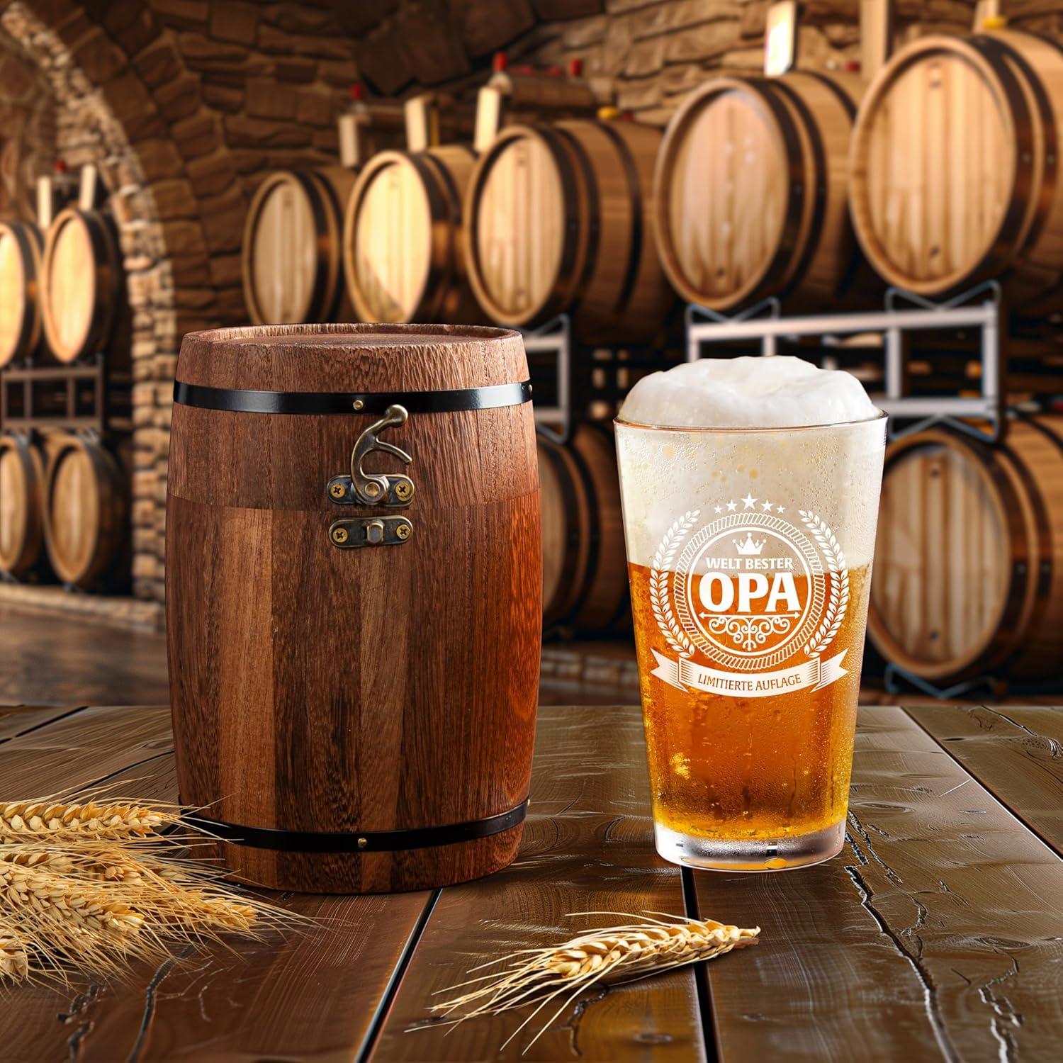 Opa-Geschenkset in Holzfassbox, Bleifreies Bierglas 480ml, Geschenk für Opa