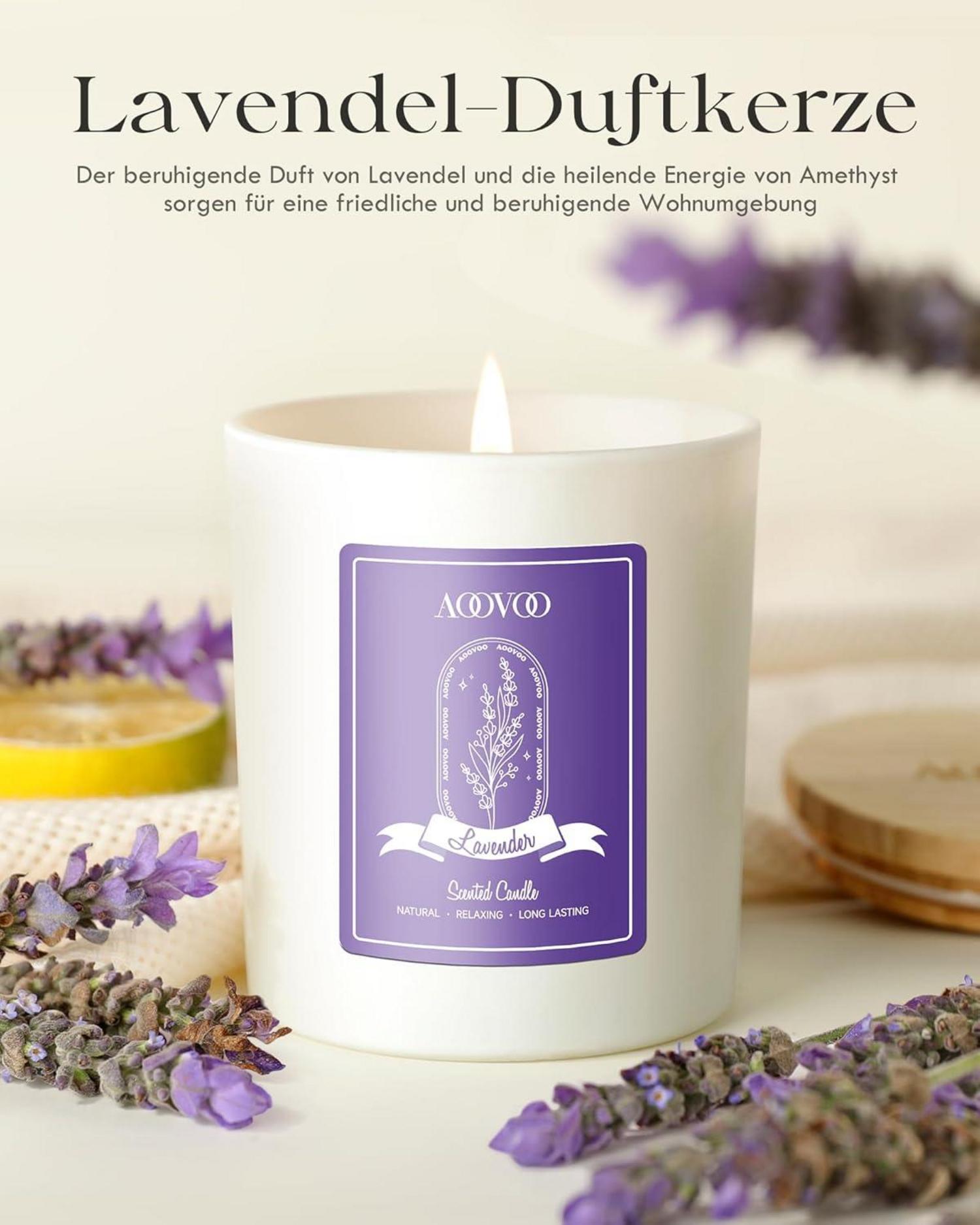 Aromatherapie Lavendel Duftkerze mit Kristallen & Trockenblumen, 280g