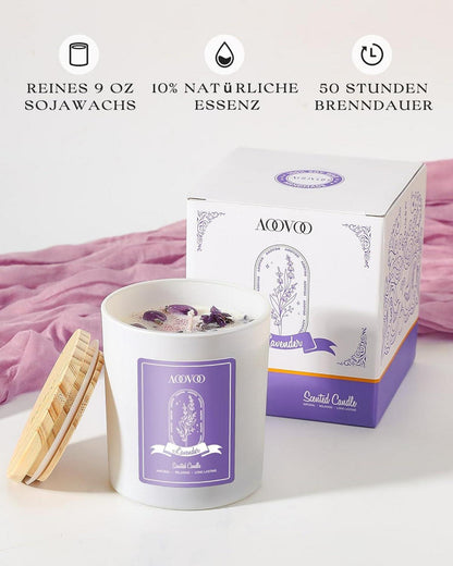 Duftkerze Lavendel mit Kristallen & Trockenblumen, Handgemachte 280g