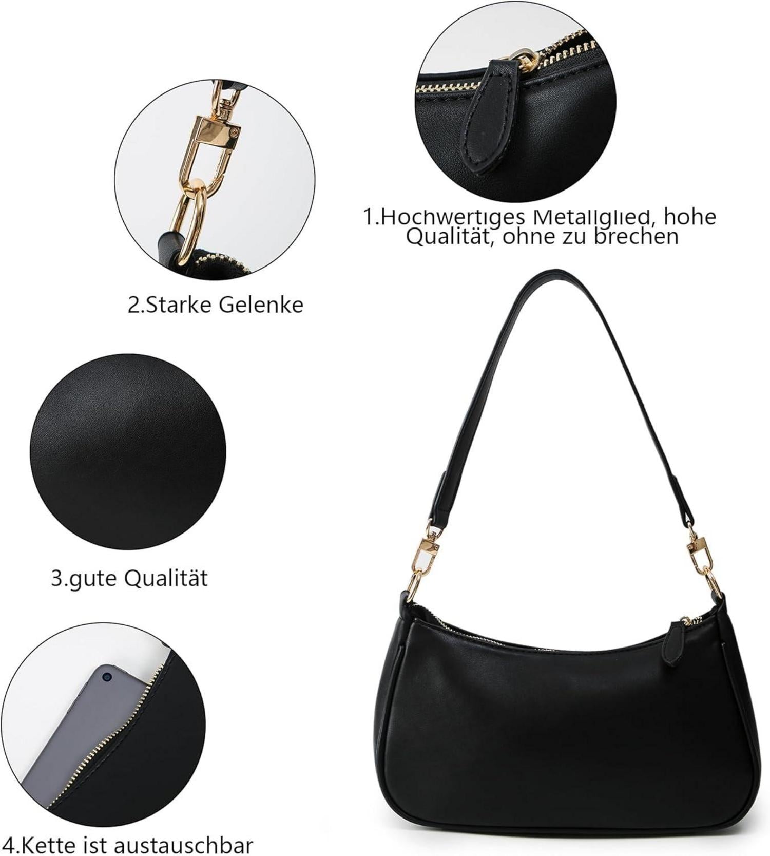 Kleine Schwarze Damen Handtasche aus PU-Leder mit abnehmbaren Schultergurten