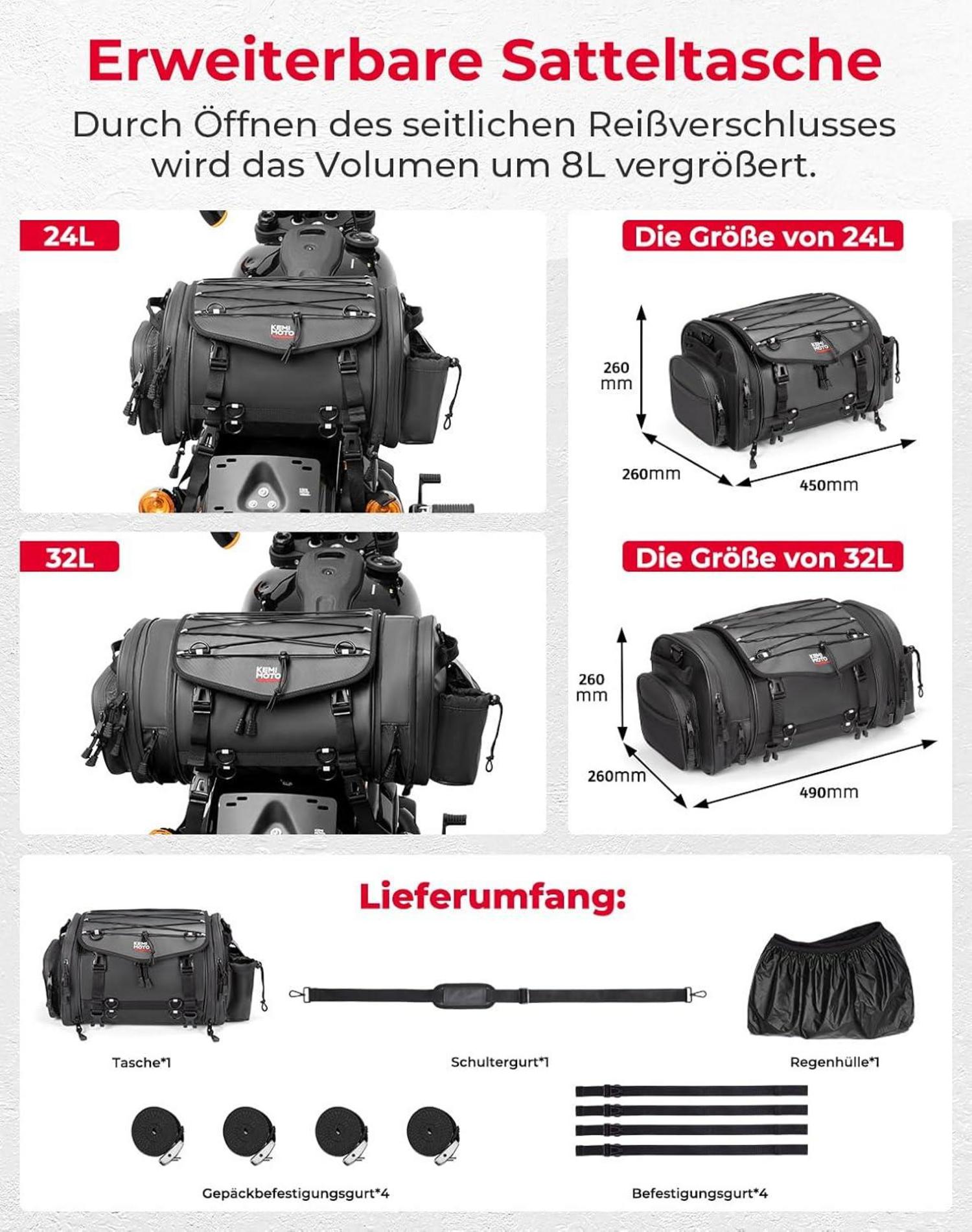 Motorrad Tasche 32L wasserdicht erweiterbar Satteltasche