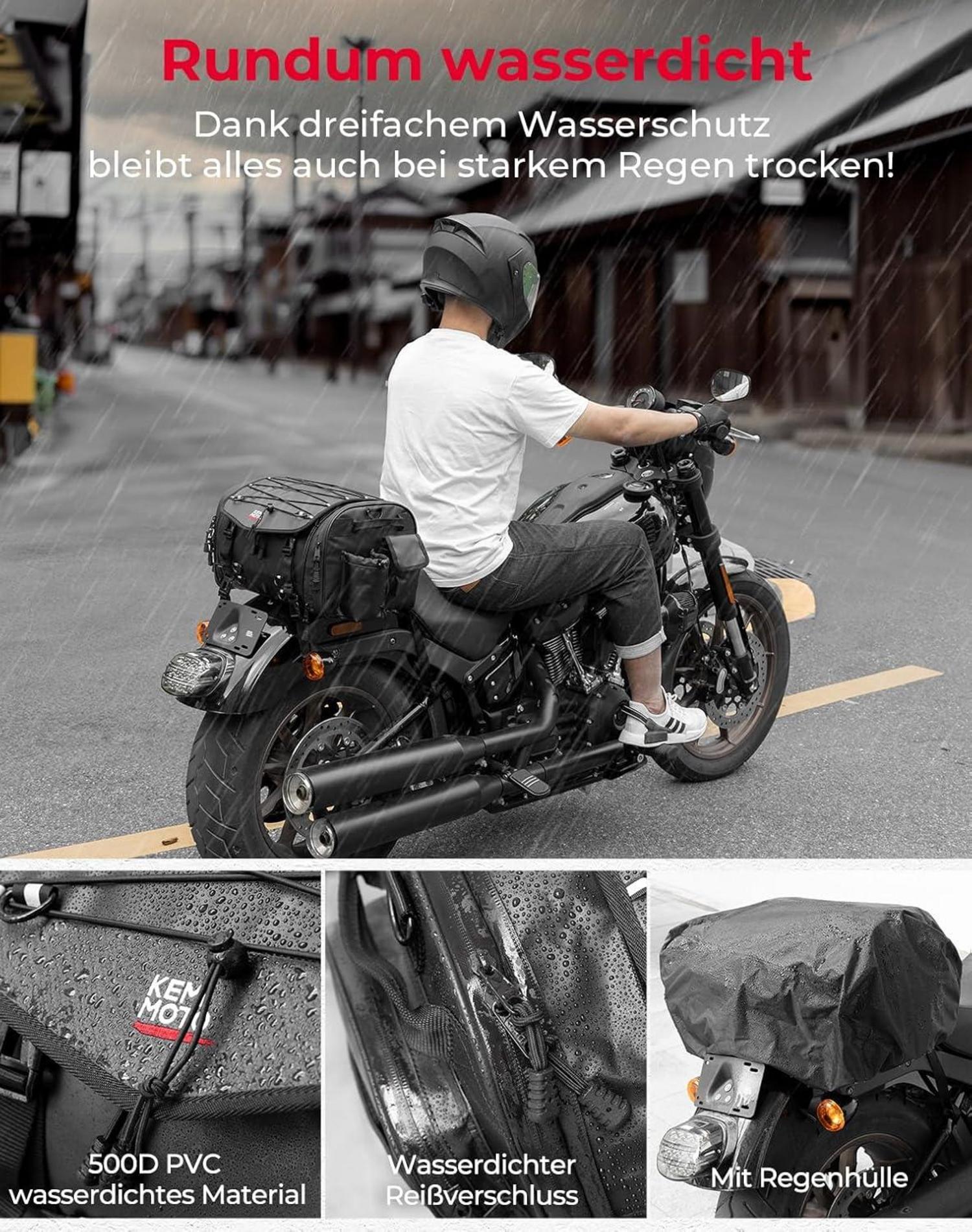 Motorrad Hecktasche 32L wasserdicht erweiterbar mit Regenhülle schwarz