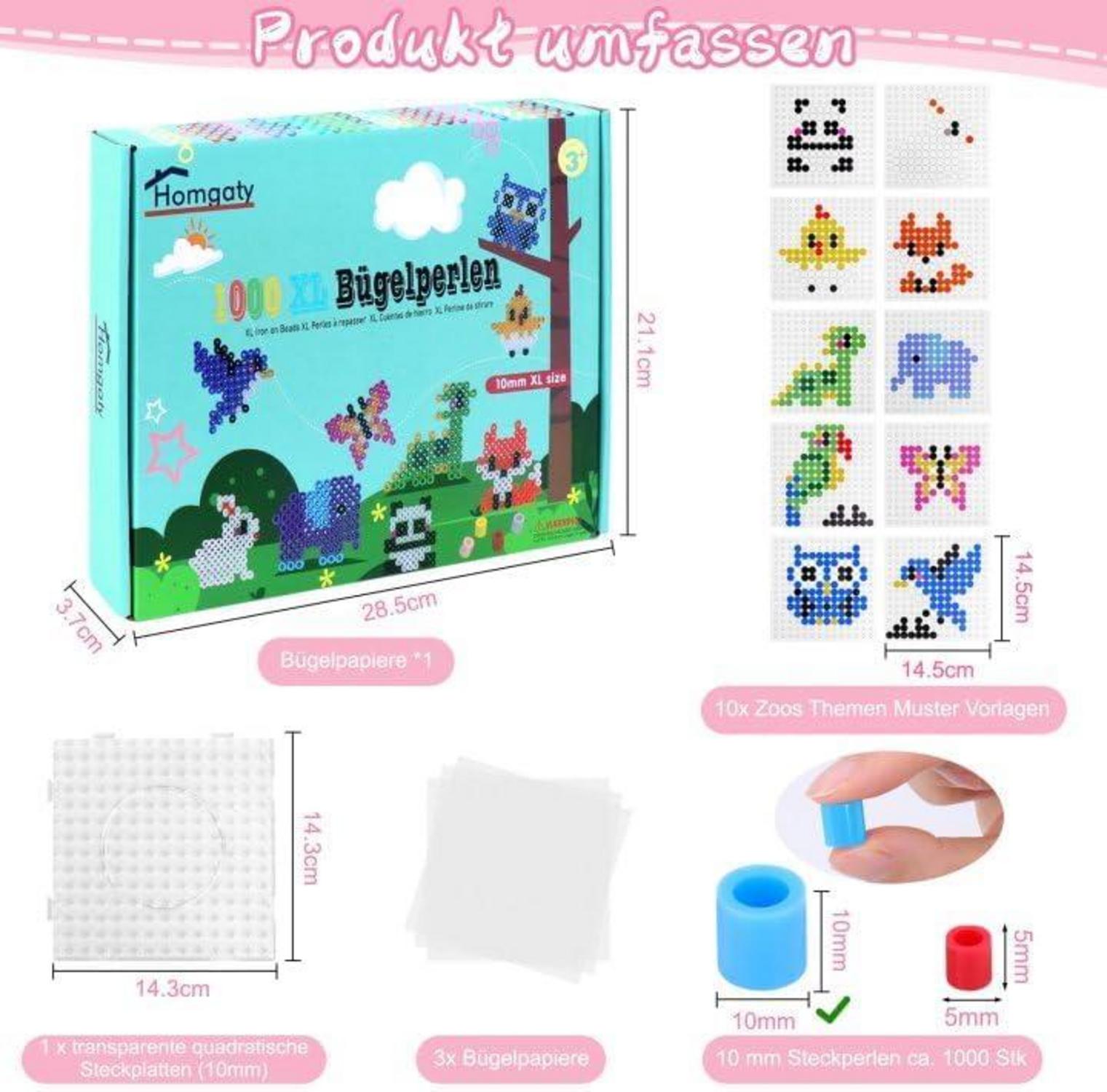 Homgaty 10mm XL Bügelperlen Set - 1000 Stück mit Tiere