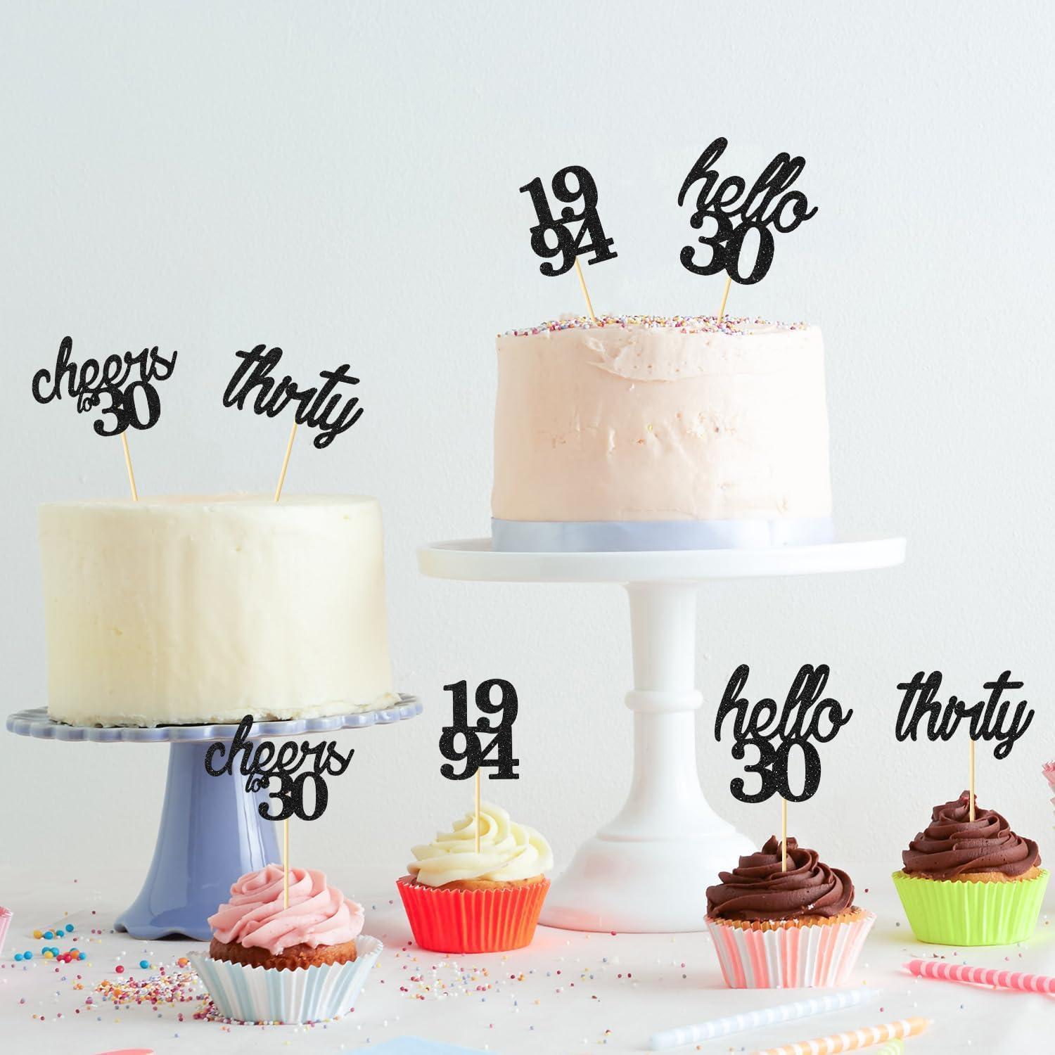 24 Schwarze Glitzer Cake Topper für 30. Geburtstag - 1994 - Hello 30