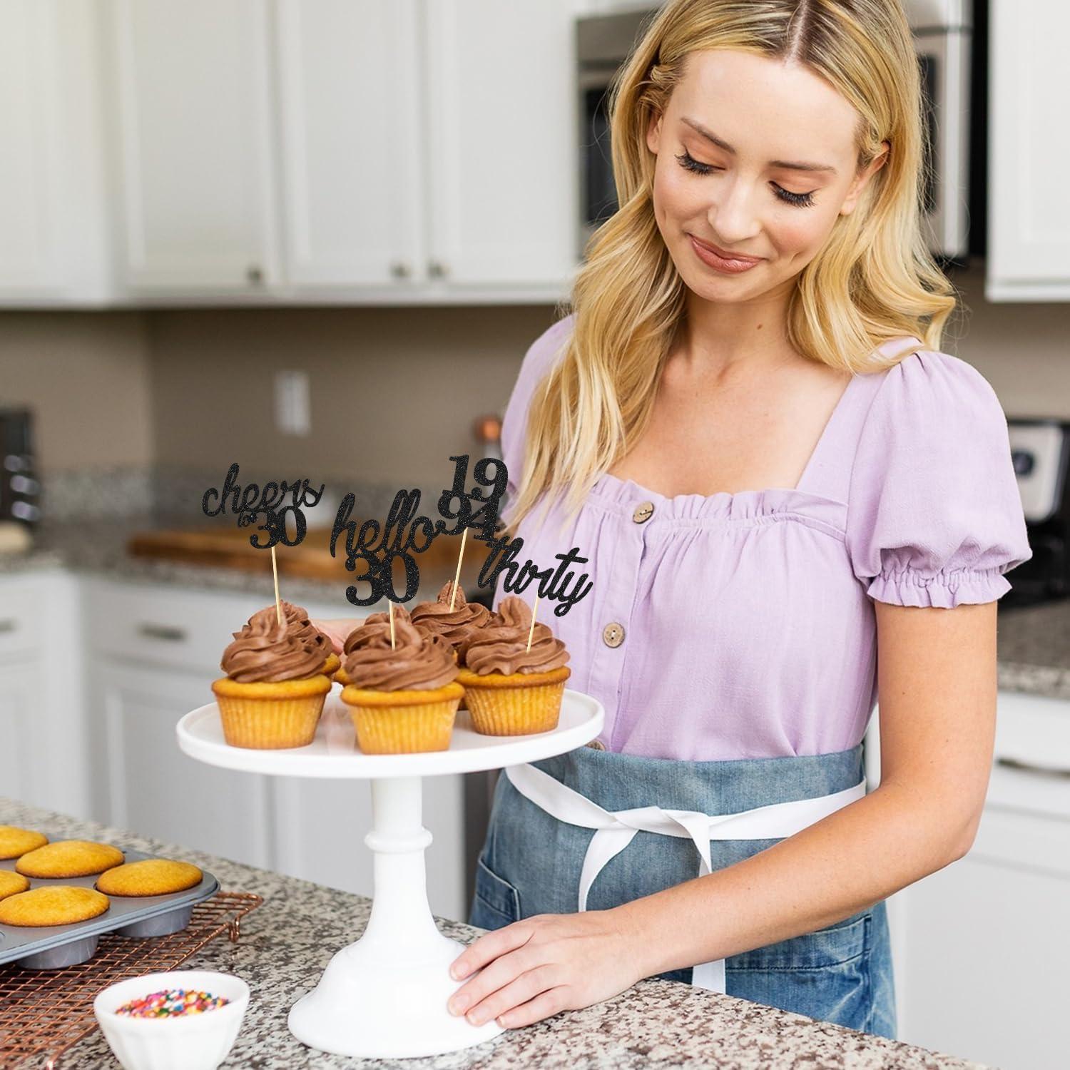 Cake-Topper 30. Geburtstag Schwarz Glitzer Cupcake Deko 24 Stück