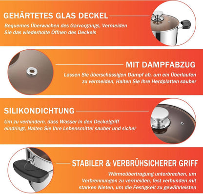 Kochtopf 22cm Edelstahl 3-Lagen 4,7L Glasdeckel Induktion Geeignet