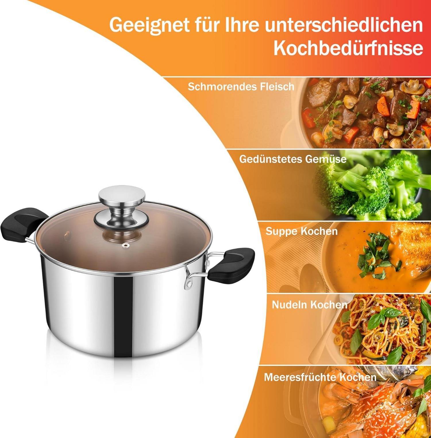 Homikit 22cm 4,7L Edelstahl Kochtopf mit Glasdeckel Induktion
