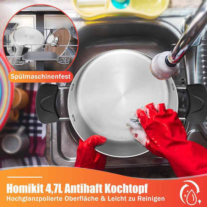 Homikit 22cm 4,7L Edelstahl Kochtopf mit Glasdeckel Induktion