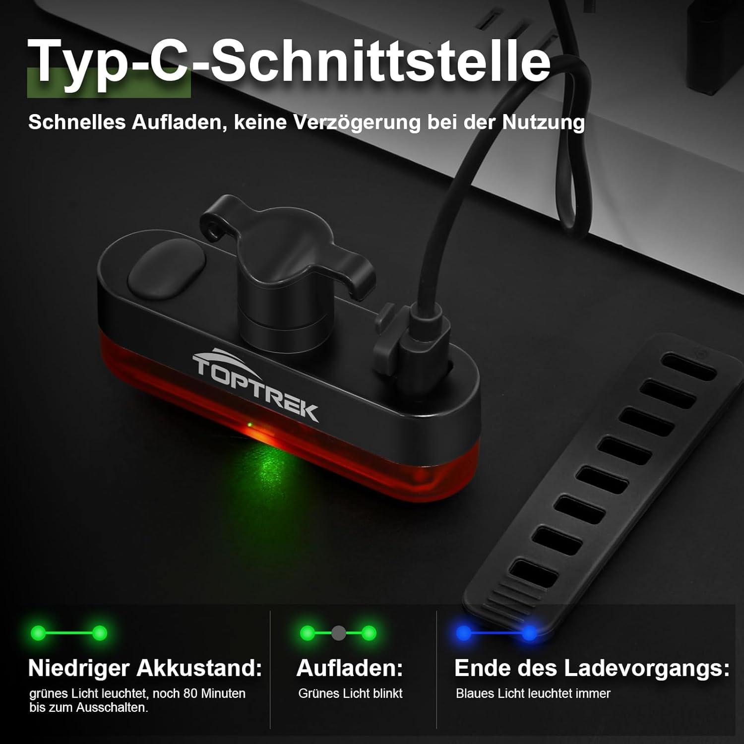 Toptrek Rücklicht Fahrrad USB C aufladbar StVZO LED IPX5 wetterfest