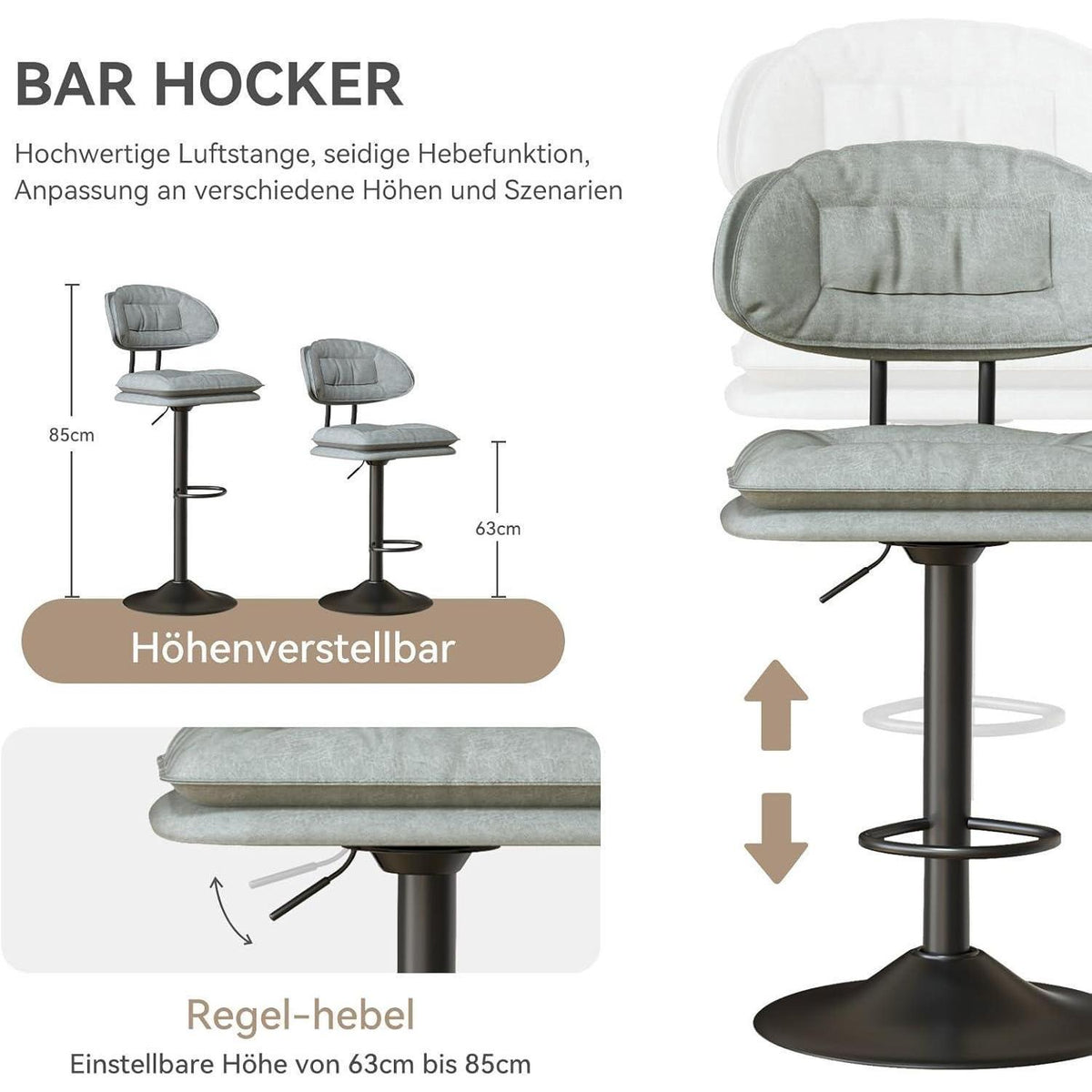 Barhocker 2er Set Ergonomisch Gepolstert Hellgrau