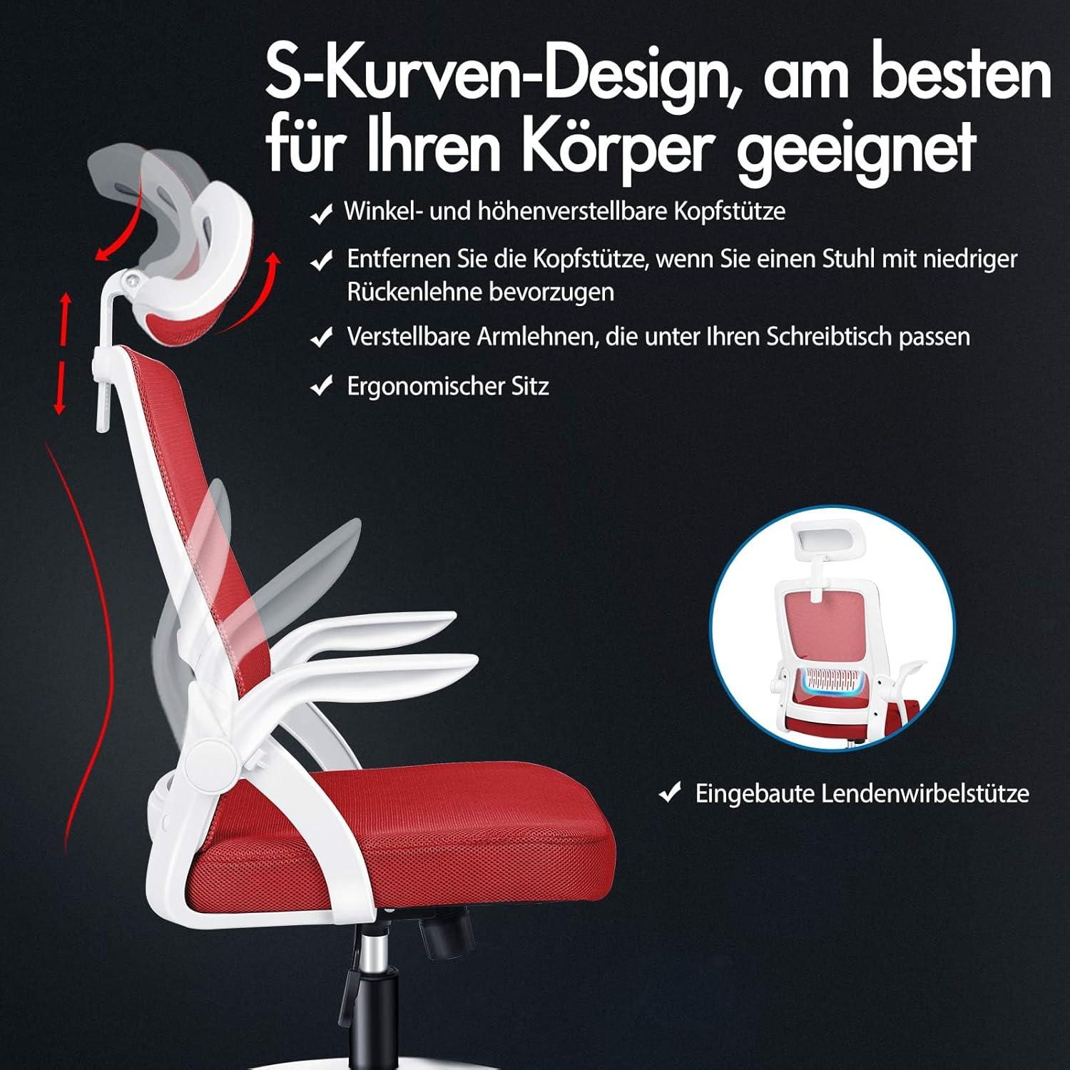 Ergonomischer Büro-Schreibtischstuhl mit Lordosenstütze, Kopfstütze, Armlehne und Rot