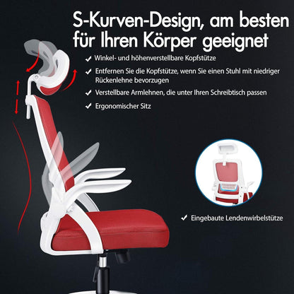 Ergonomischer Büro-Schreibtischstuhl mit Lordosenstütze, Kopfstütze, Armlehne und Rot