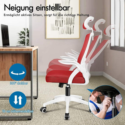 Hochwertiger Büro-Drehstuhl mit Lordosenstütze und Kopfstütze, Rot
