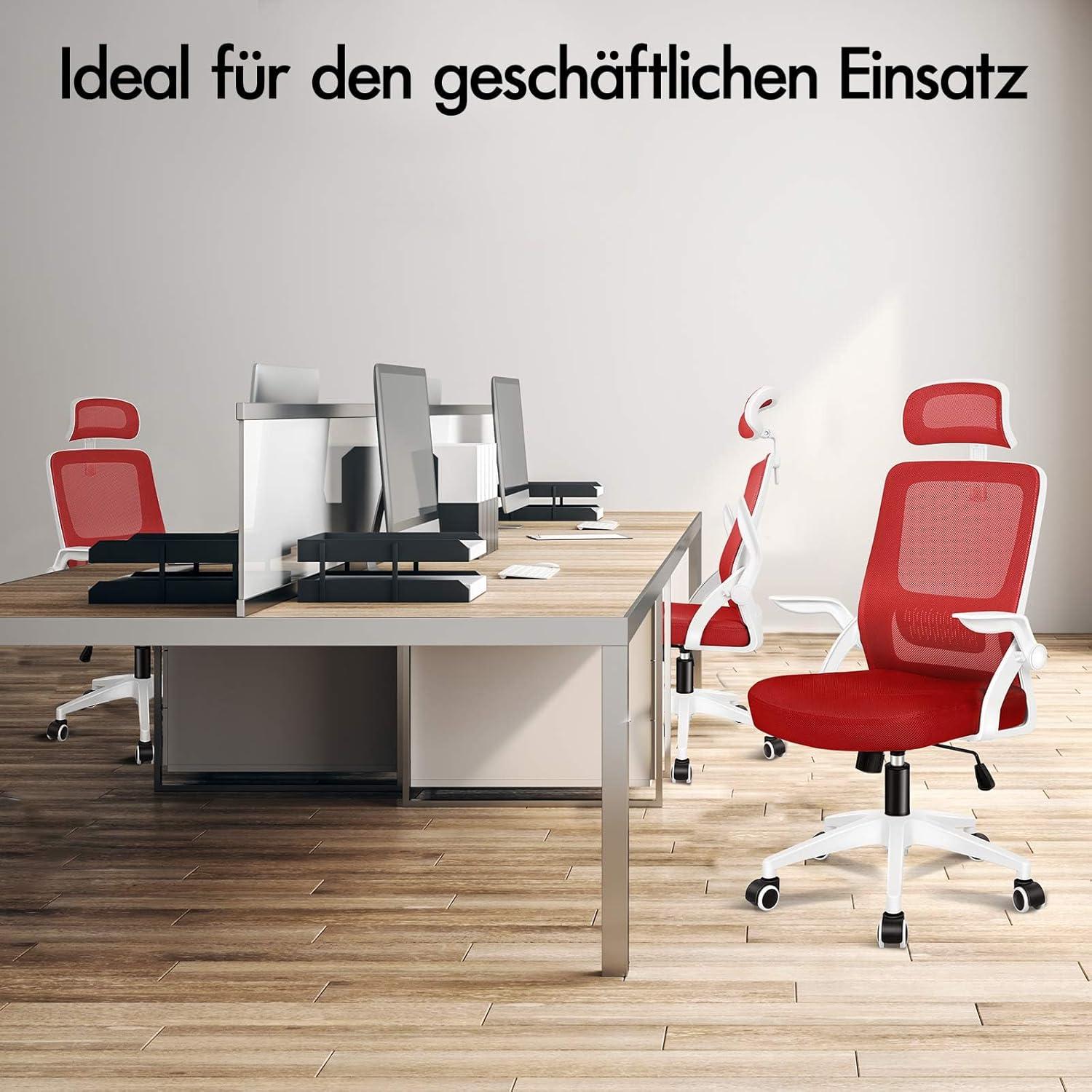 Ergonomischer Büro-Schreibtischstuhl mit Lordosenstütze, Kopfstütze, Armlehne und Rot