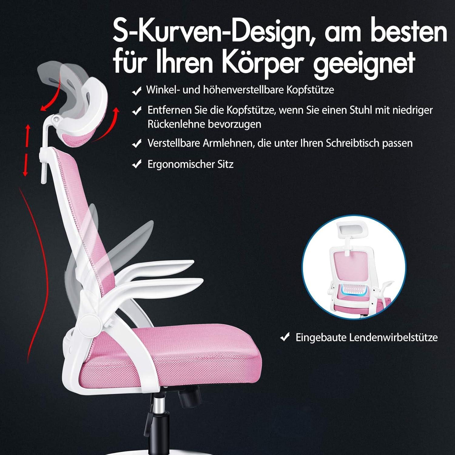 Ergonomischer Büro-Schreibtischstuhl mit Lordosenstütze und Kopfstütze, Rosa