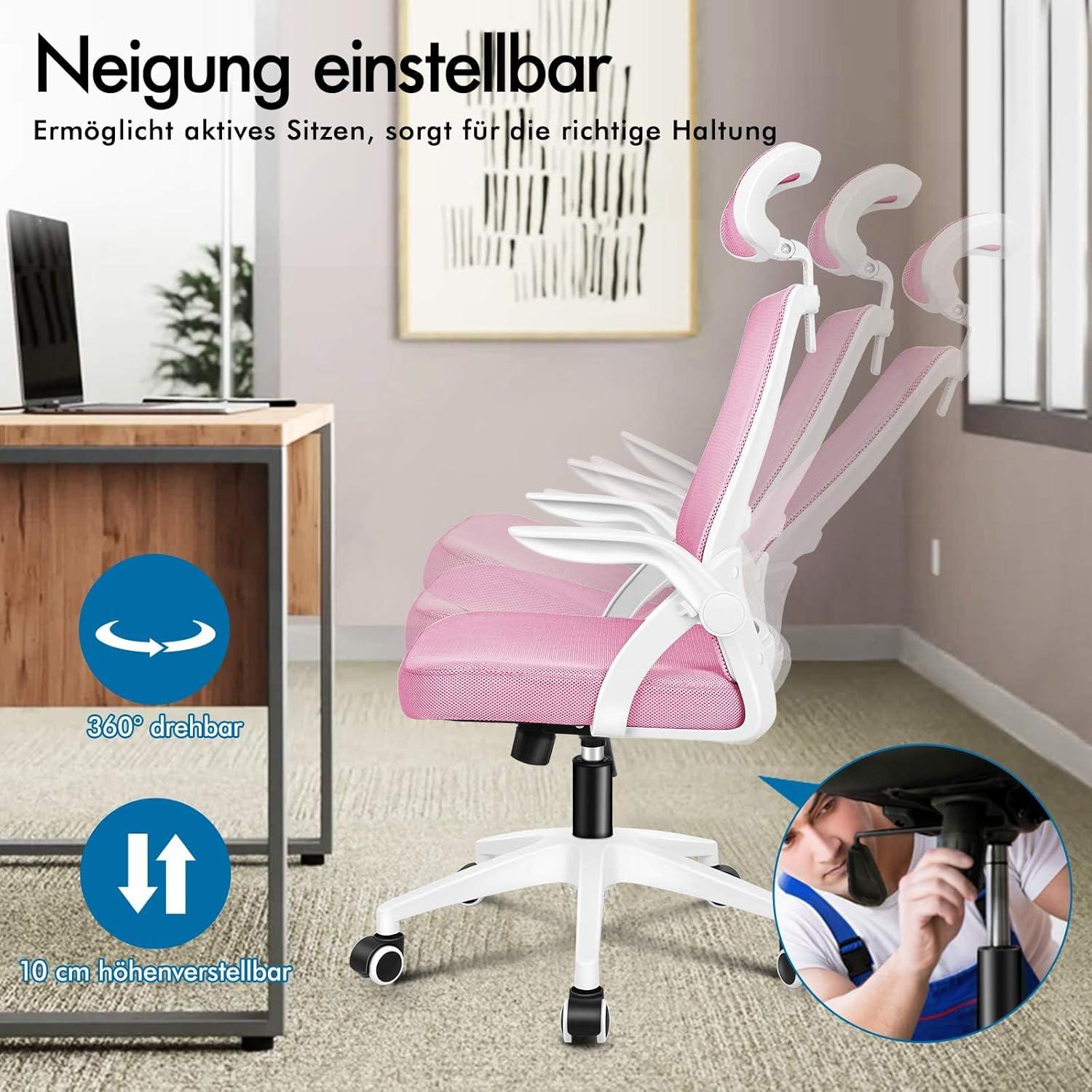 Ergonomischer Bürostuhl mit Lordosenstütze und Kopfstütze, Rosa