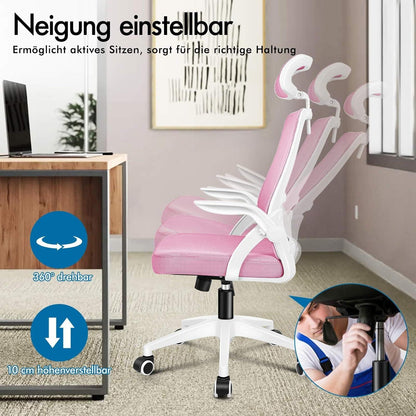 Ergonomischer Bürostuhl mit Lordosenstütze und Kopfstütze, Rosa