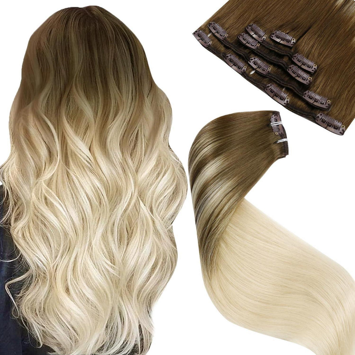 Clip-in Echthaar Extensions Ombre Blond Balayage 50cm