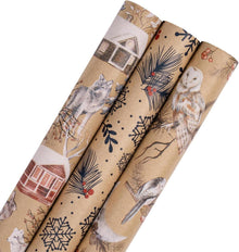 Weihnachts-Geschenkpapierrolle Kraftpapier Eule Rentier 3 Rollen