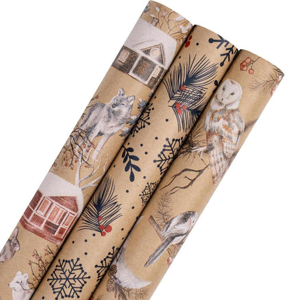 Weihnachts-Geschenkpapierrolle Kraftpapier Eule Rentier 3 Rollen