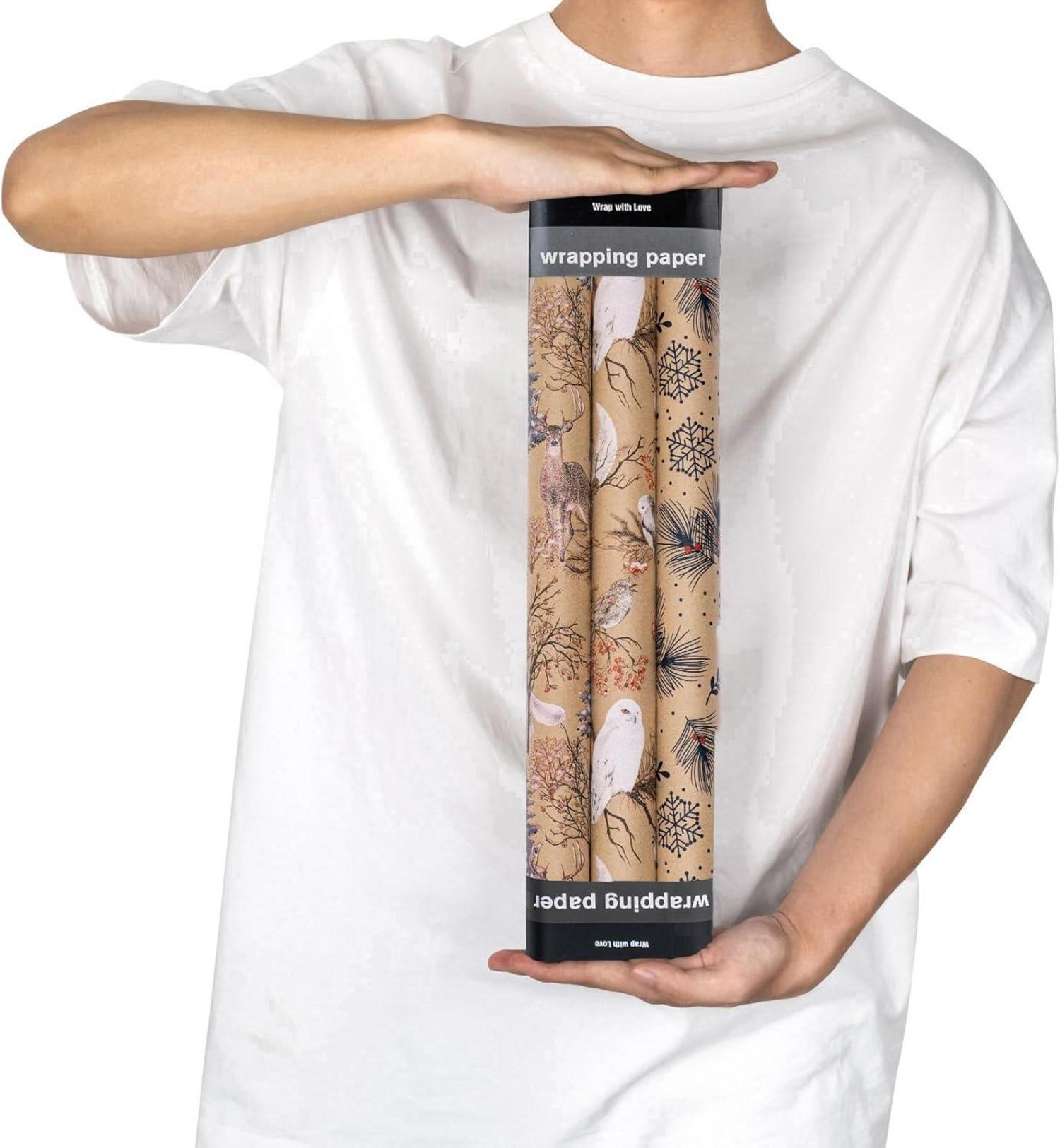 Weihnachts-Geschenkpapierrolle Kraftpapier Eule Rentier 3 Rollen