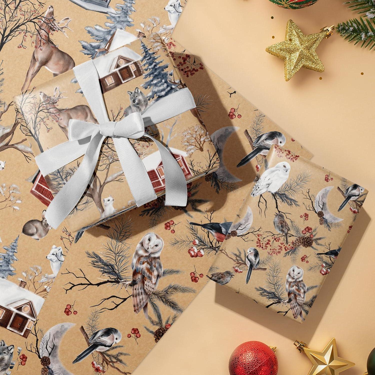 Weihnachts-Geschenkpapierrolle Kraftpapier Eule Rentier Schneeflocke 3 Rollen