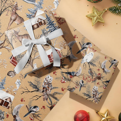 Weihnachts-Geschenkpapierrolle Kraftpapier Eule Rentier Schneeflocke 3 Rollen