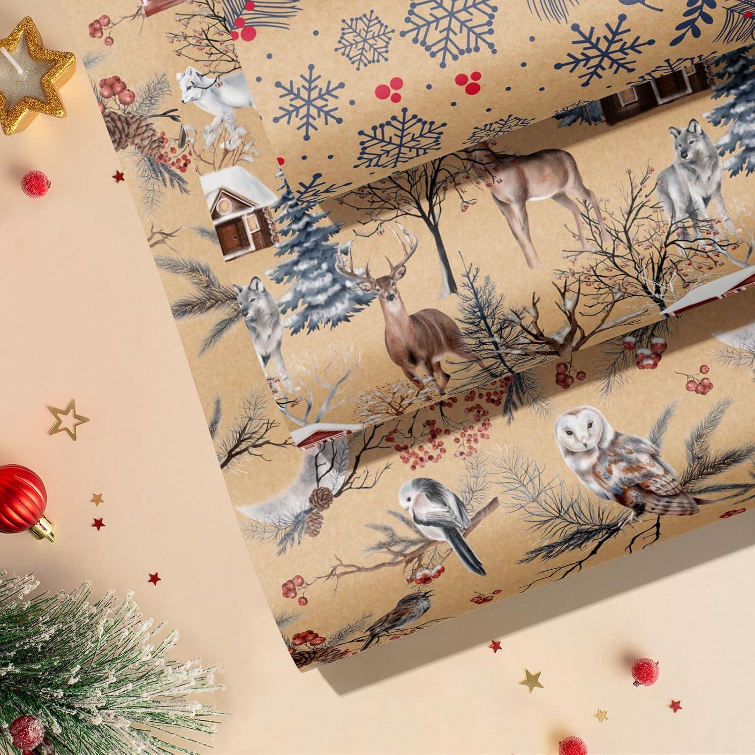 Weihnachts-Geschenkpapierrolle Kraftpapier Eule Rentier Schneeflocke 3er Set