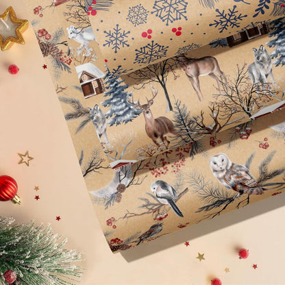 Weihnachts-Geschenkpapierrolle Kraftpapier Eule Rentier Schneeflocke 3er Set