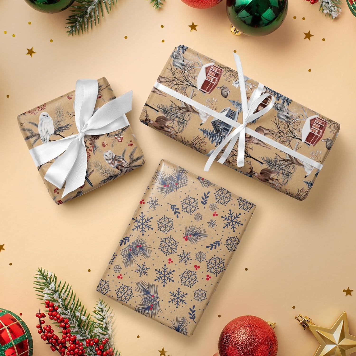 Weihnachts-Geschenkpapierrolle aus Kraftpapier Eule Rentier