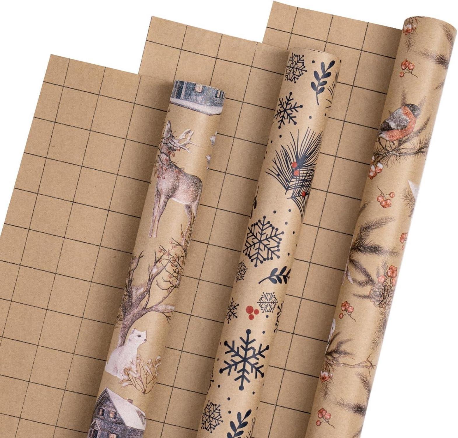 Weihnachts-Geschenkpapierrolle Kraftpapier Eule Rentier Schneeflocke 3 Rollen