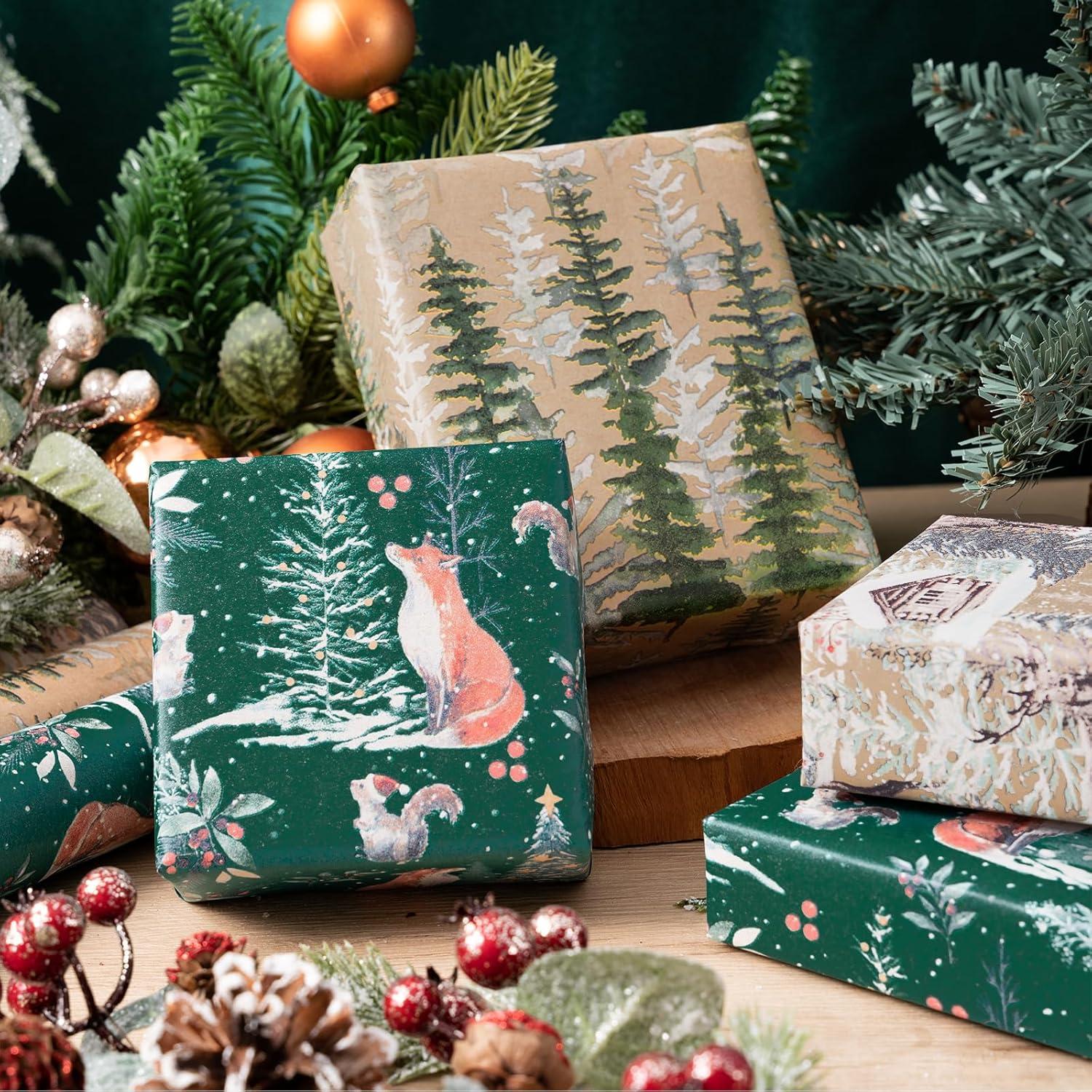Weihnachts-Geschenkpapierrolle Kraftpapier Fuchs Rentier Baum 3er Set 43,2x3m