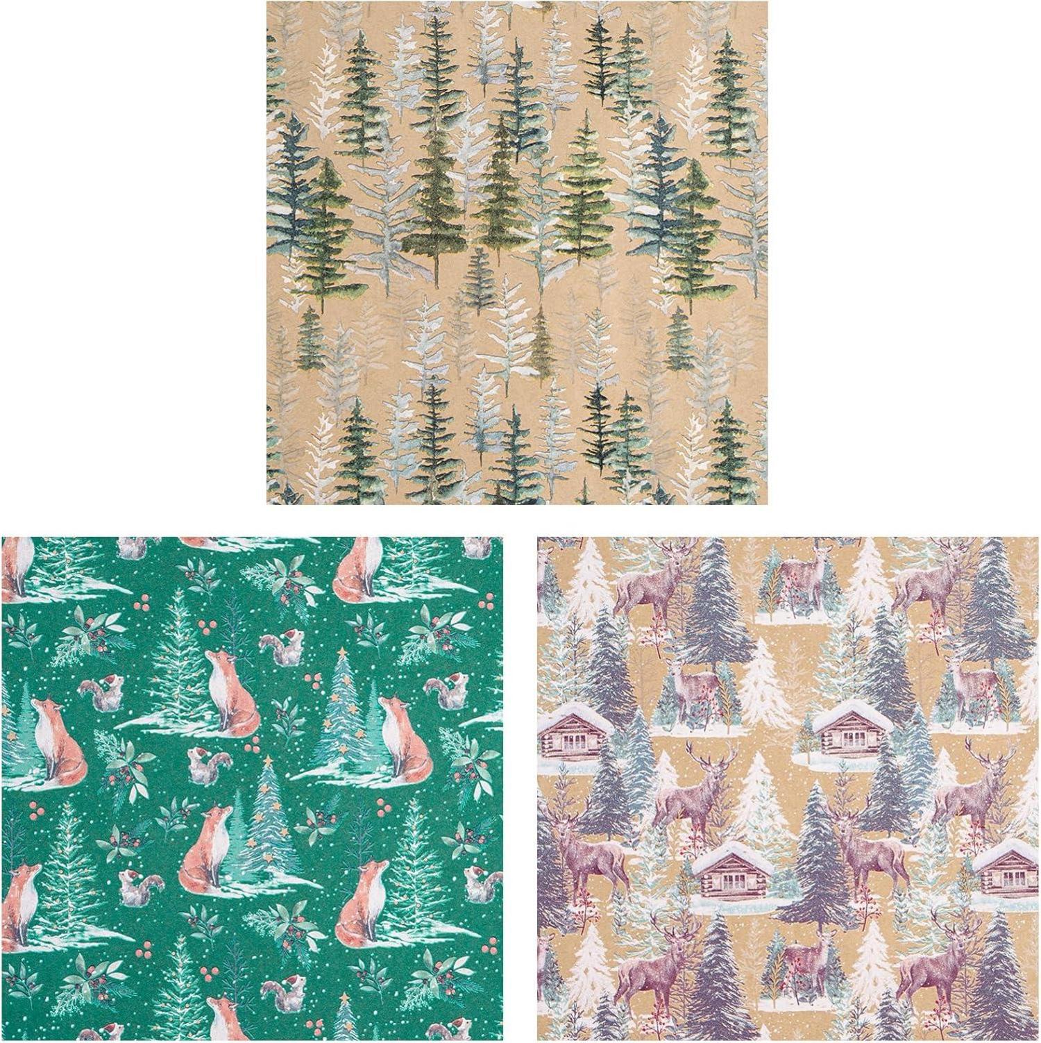 Weihnachts-Geschenkpapierrolle Kraftpapier Fuchs Rentier Baum 3er Set 43,2x3m