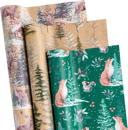 Weihnachtsgeschenkpapierrolle Kraftpapier Fuchs Rentier Weihnachtsbaum 3 Rollen 43,2x3m