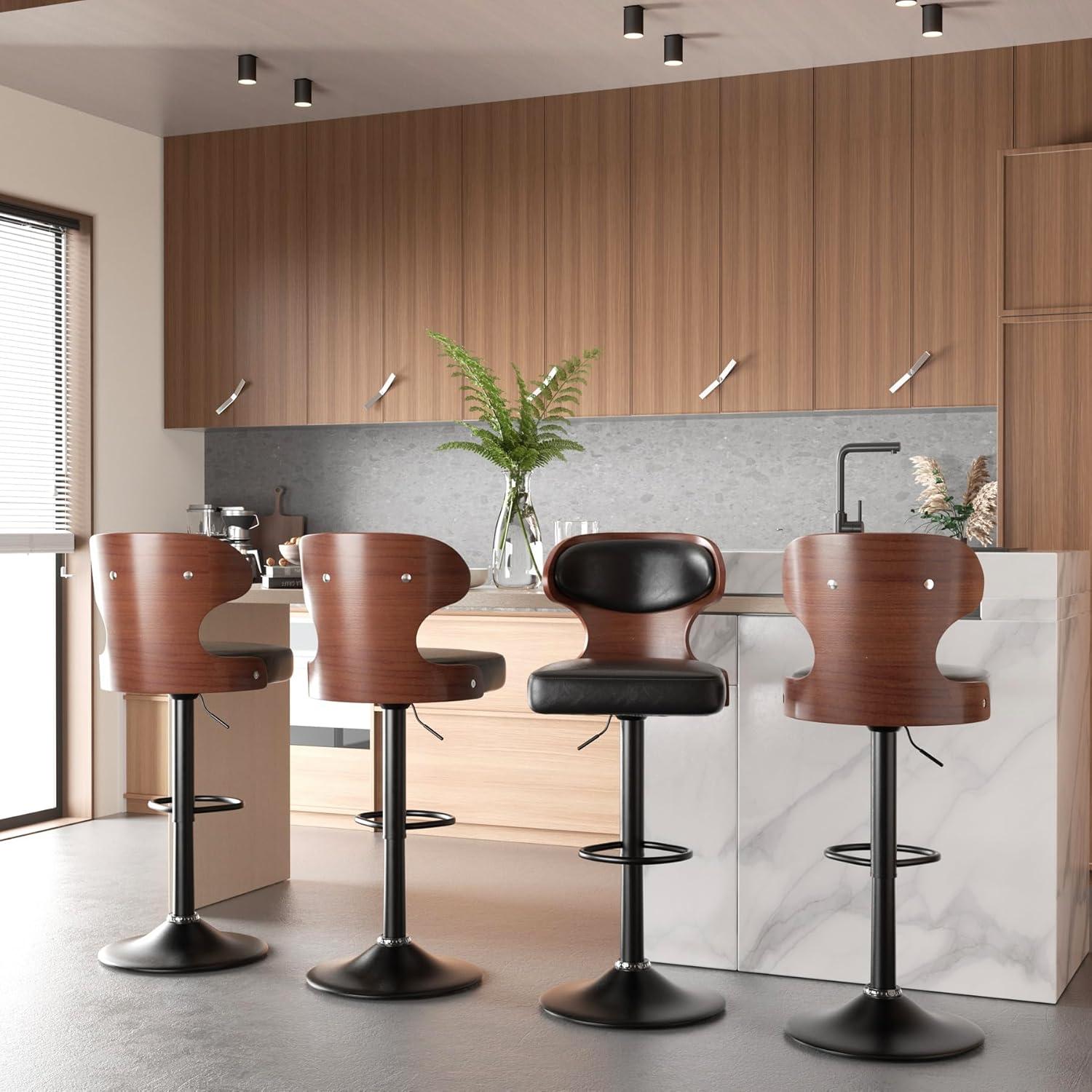Barhocker 2er Set mit Rückenlehne und Fußstütze, schwarz Nussbaumholz