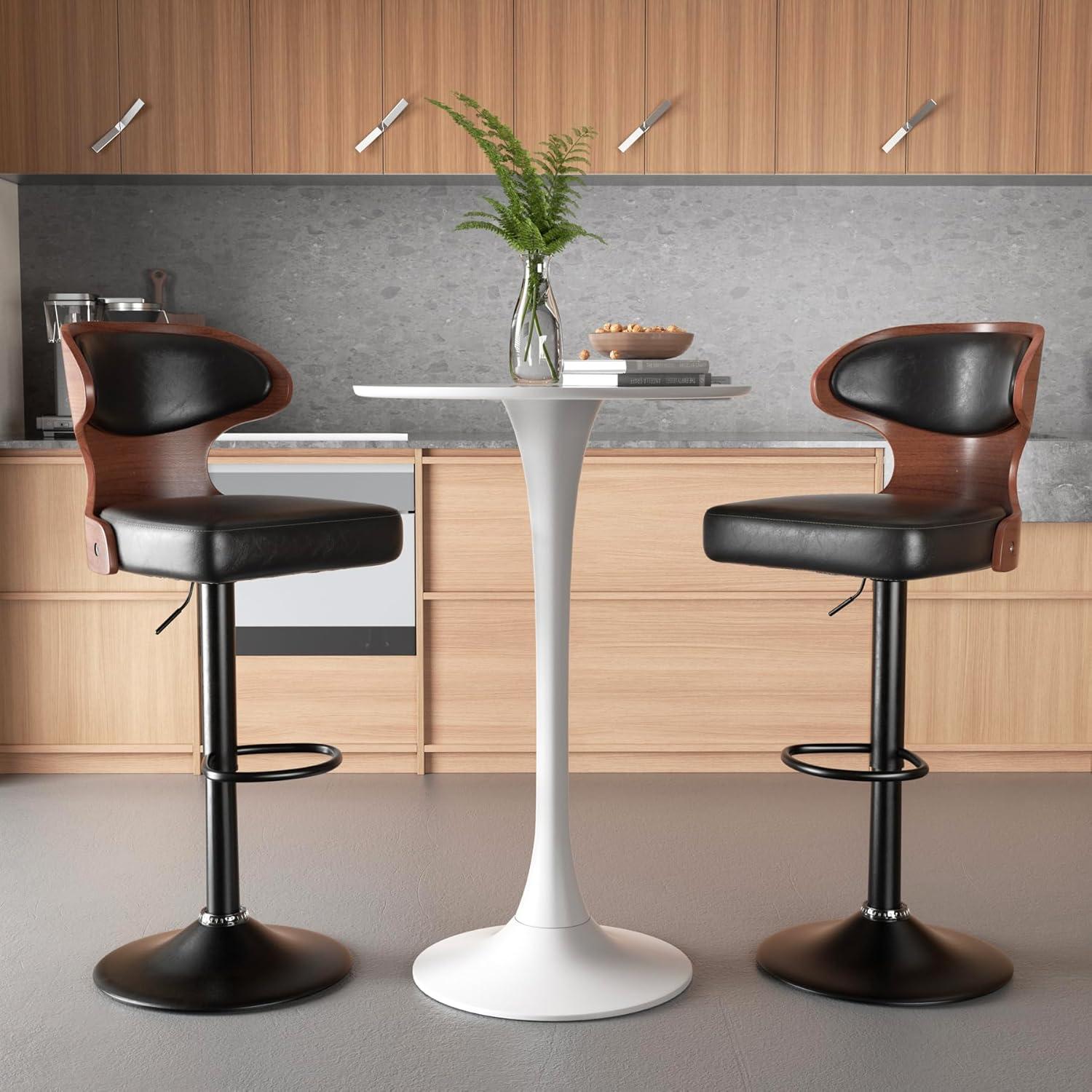 Barhocker 2er Set Barstuhl Tresenhocker Bistrohocker 360° Drehstuhl Küchenstühle Rückenlehne Fußstütze Stahl Schwarz Nussbaumholz