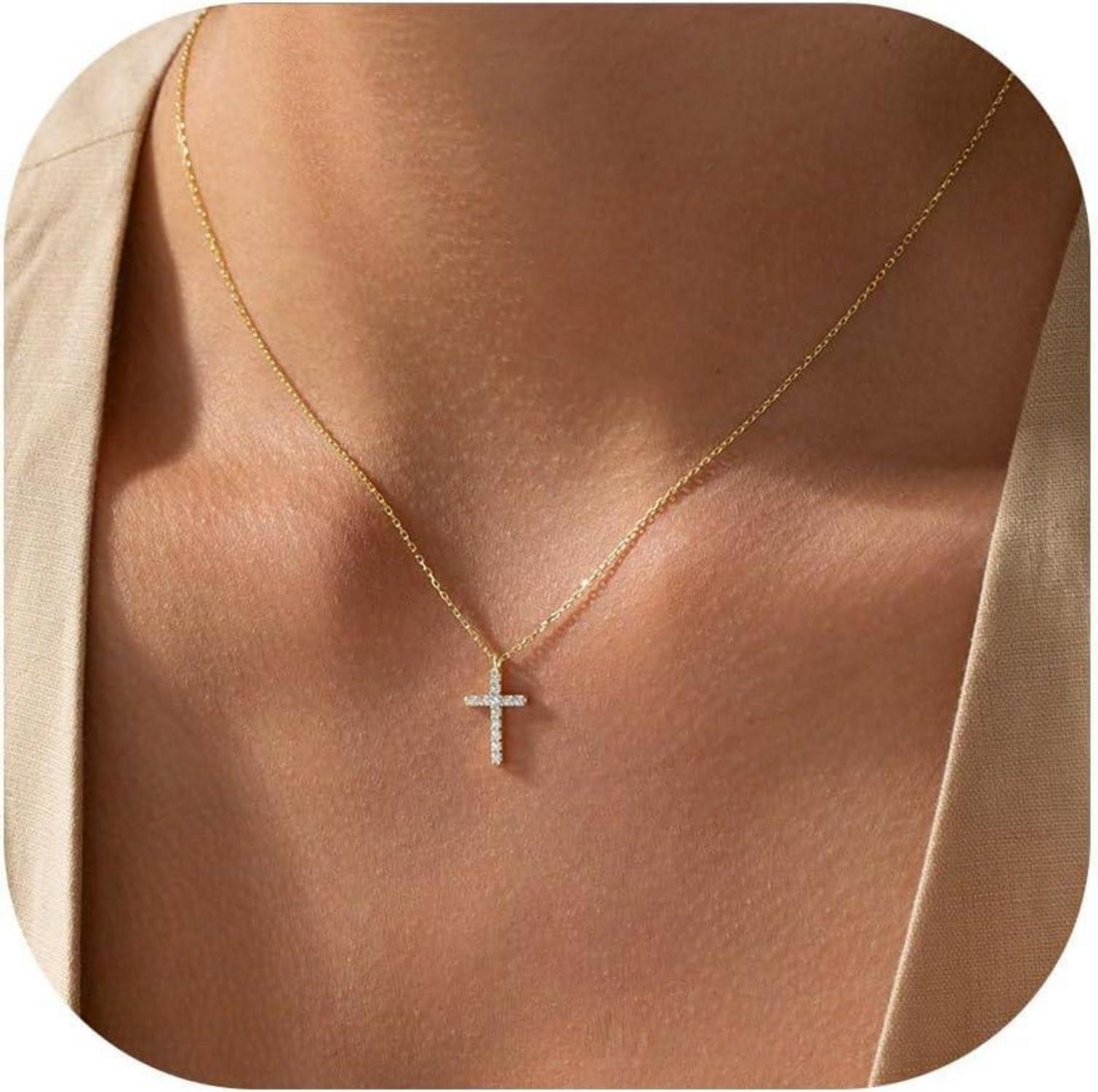 Goldene TINGN Kreuzkette - Damen 14K Gold Vergoldet Layered Halskette