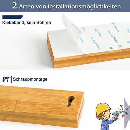 Magnetleiste Messer 40cm Bambus 2 Haken ohne Bohren Magnetisch inkl. Klebeband und Schrauben