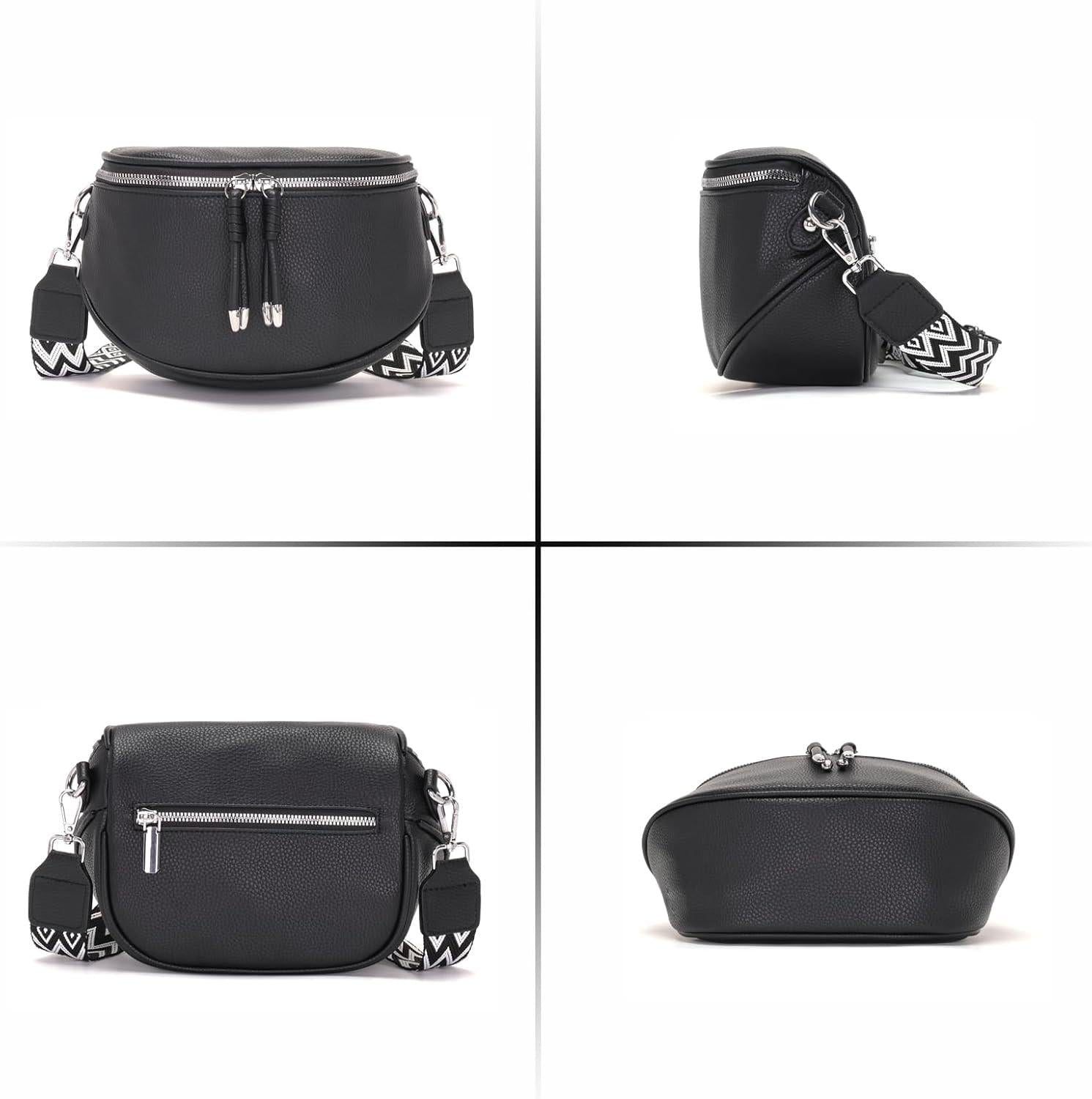 Schwarze Damen Bauchtasche Crossbody Bag Veganes Leder Umhängetasche