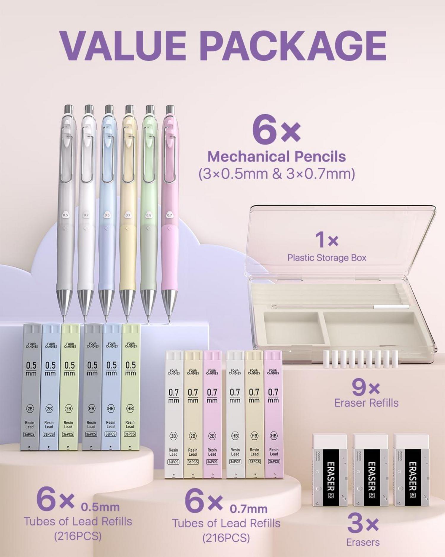 Pastell Druckbleistift Set 0.5 & 0.7 mm 6PCS mit Minen & Radiergummis