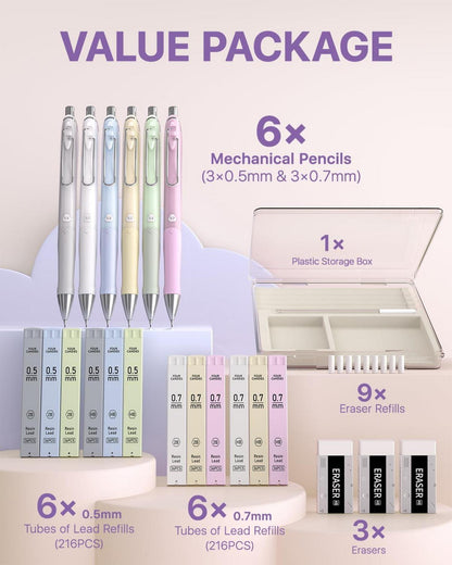 Pastell Druckbleistift Set 0.5 & 0.7 mm 6PCS mit Minen & Radiergummis