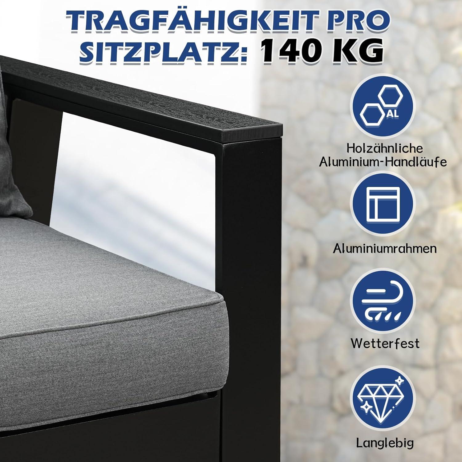 Gartenmöbel Set Aluminium 4-TLG. Schwarz 3-Sitzer Sofa 2 Einzelsessel Essgruppe
