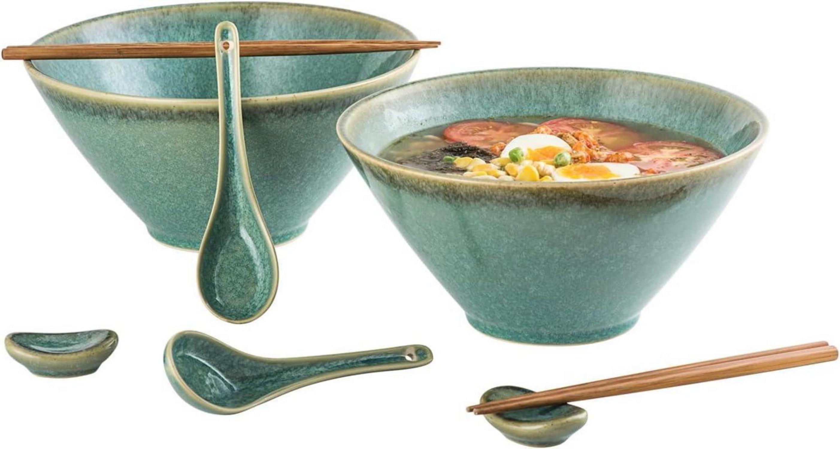 Japanisches Ramen Schüssel Set aus Keramik, 2L Grün 8-teilig