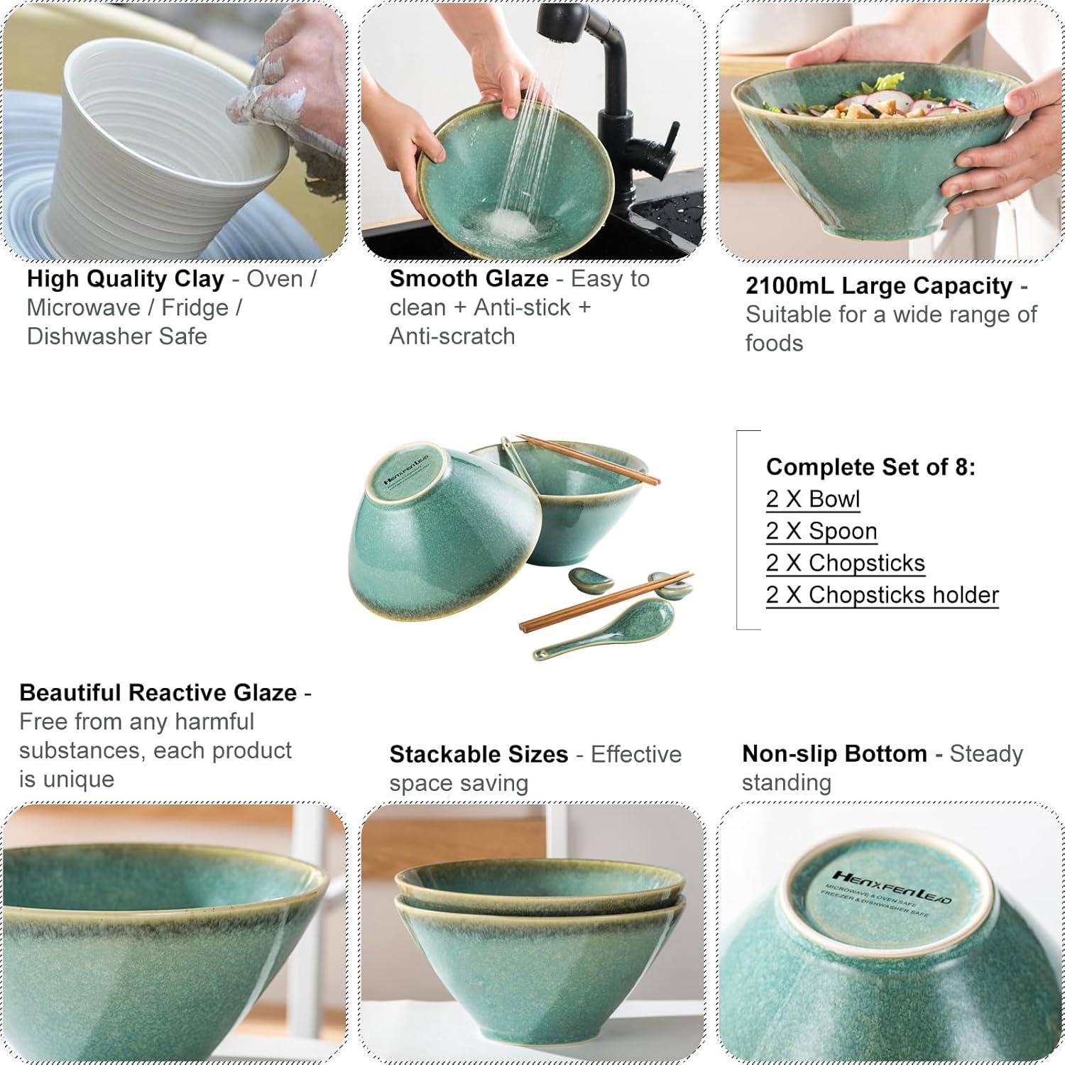 Japanisches Ramen Schüssel Set aus Keramik, 2L Grün 8-teilig
