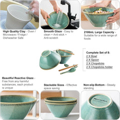 Japanisches Ramen Schüssel Set aus Keramik, 2L Grün 8-teilig
