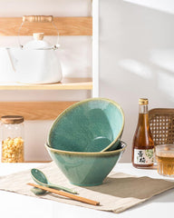 Japanische Ramen Schüssel Set Keramik 2L Groß Suppenschalen 2x Schüssel Essstäbchen Grün