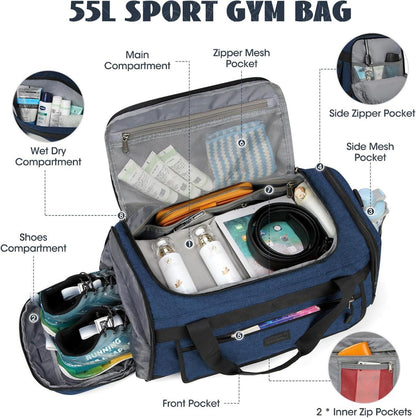 Große Sporttasche mit Schuhfach und Nassfach, 55L Blau